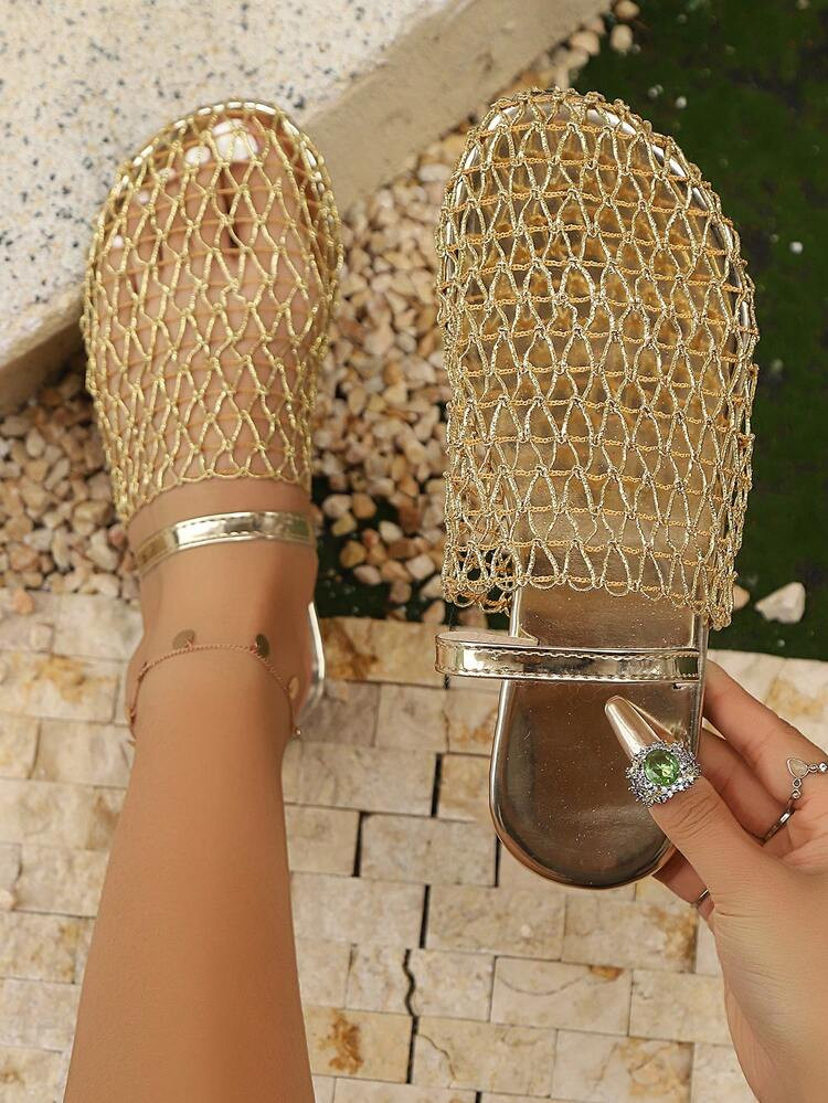 Women's New European & American Style Backstrap Fishnet Flat Sandals, Hollow Out Comfy Beach Slip On Slides | SHEIN