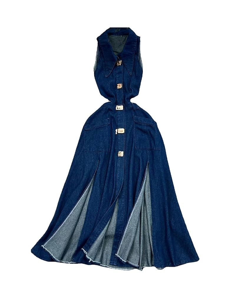Women's Sleeveless Lapel Side Split Long Dresses Sexy Hollow Out Denim Dress | Amazon (US)