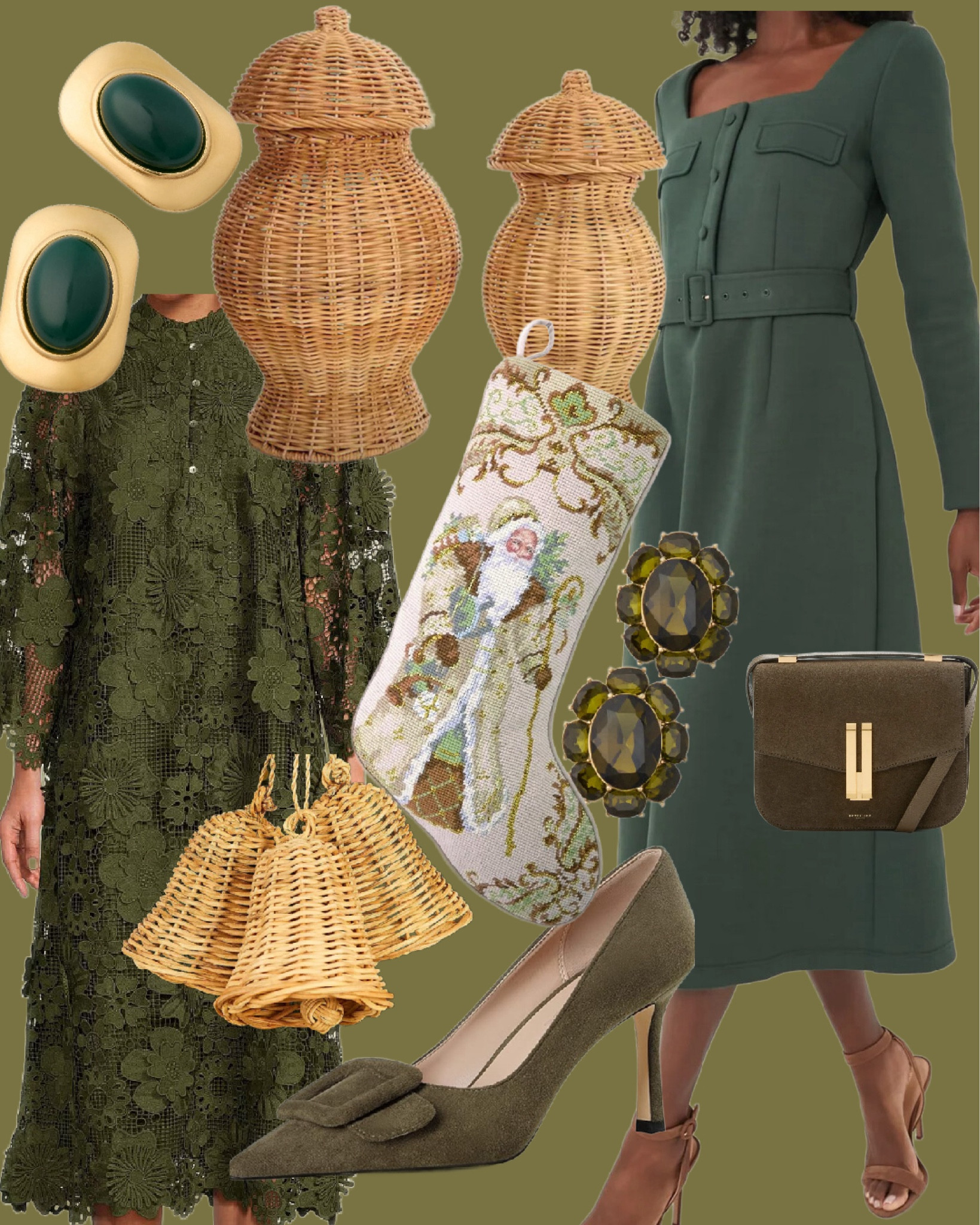 Green Holiday Finds! 

Green holiday dress, wicker bells, green earrings, family photos, needlepoint stocking, heels, green shoes, green earrings, Christmas dresses 

#LTKSeasonal