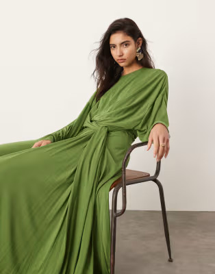 ASOS EDITION soft pleat maxi dress with buckle back detail in green | ASOS (Global)