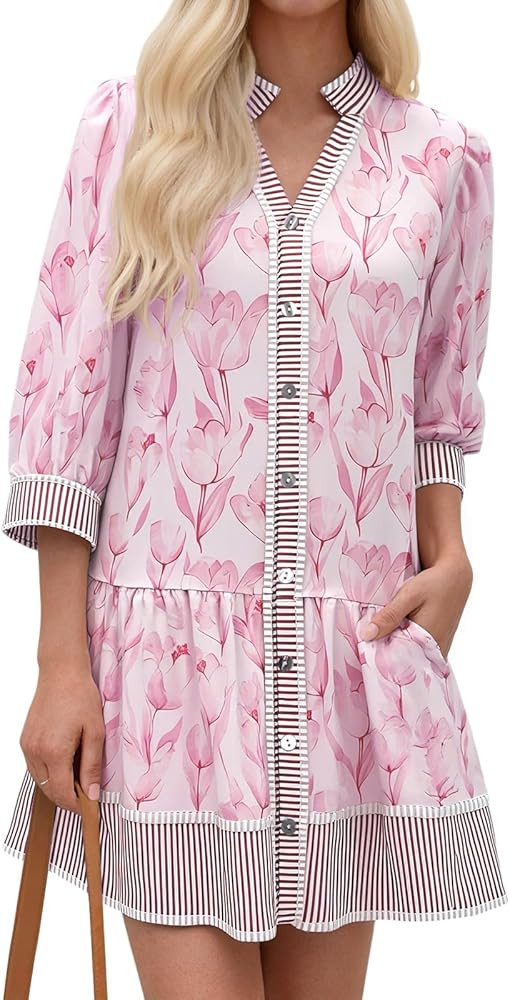 Wenrine Women's Floral Boho Mini Dress 3/4 Long Sleeve V Neck Casual Button Down Shirt Dresses | Amazon (US)