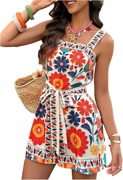 SweatyRocks Women's Boho Floral Print Rompers Sleeveless Bow Tie Belted Short Jumpsuit Summer Bea... | Amazon (US)