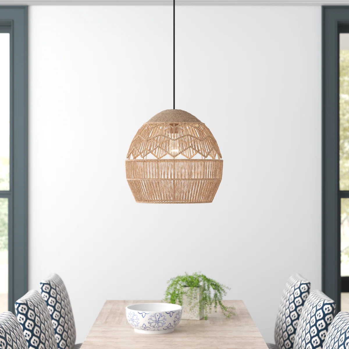 15.5" Ames Metal and Woven Hemp Rope Hanging Pendant, Brown | Wayfair North America