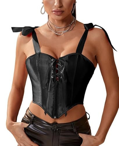 Alivila.Y Fashion Womens Satin Lace Overbust Corset Top Asymmetrical Hem Bustiers X682-Black-S | Amazon (US)