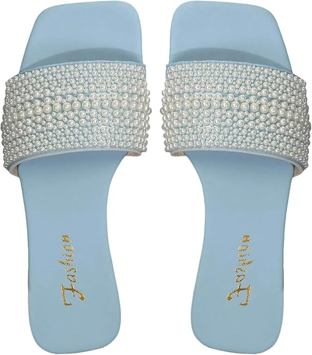 OYOANGLE Women's Pearl Decor Square Toe Sandals Leather Open Toe Flat Slip On Slides | Amazon (US)