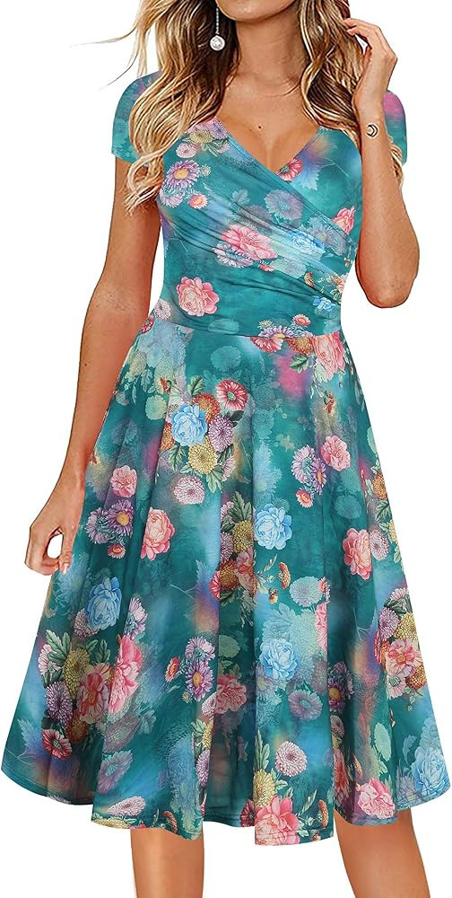 oxiuly Women's Casual Dresses Criss-Cross V-Neck Floral Flare Midi Summer Dress OX233 | Amazon (US)