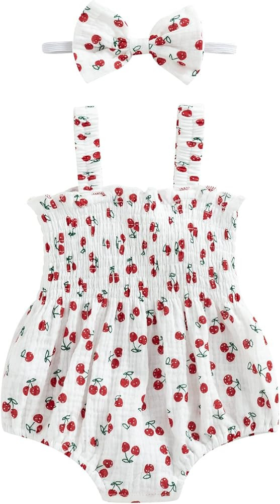 Infant Baby Girl Summer Outfit Clothes Sleeveless Smocked Cotton Linen Romper with Headband | Amazon (US)