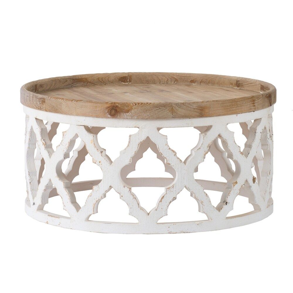 Weathered White 32-inch Lattice Wooden Round Coffee Table | Bed Bath & Beyond