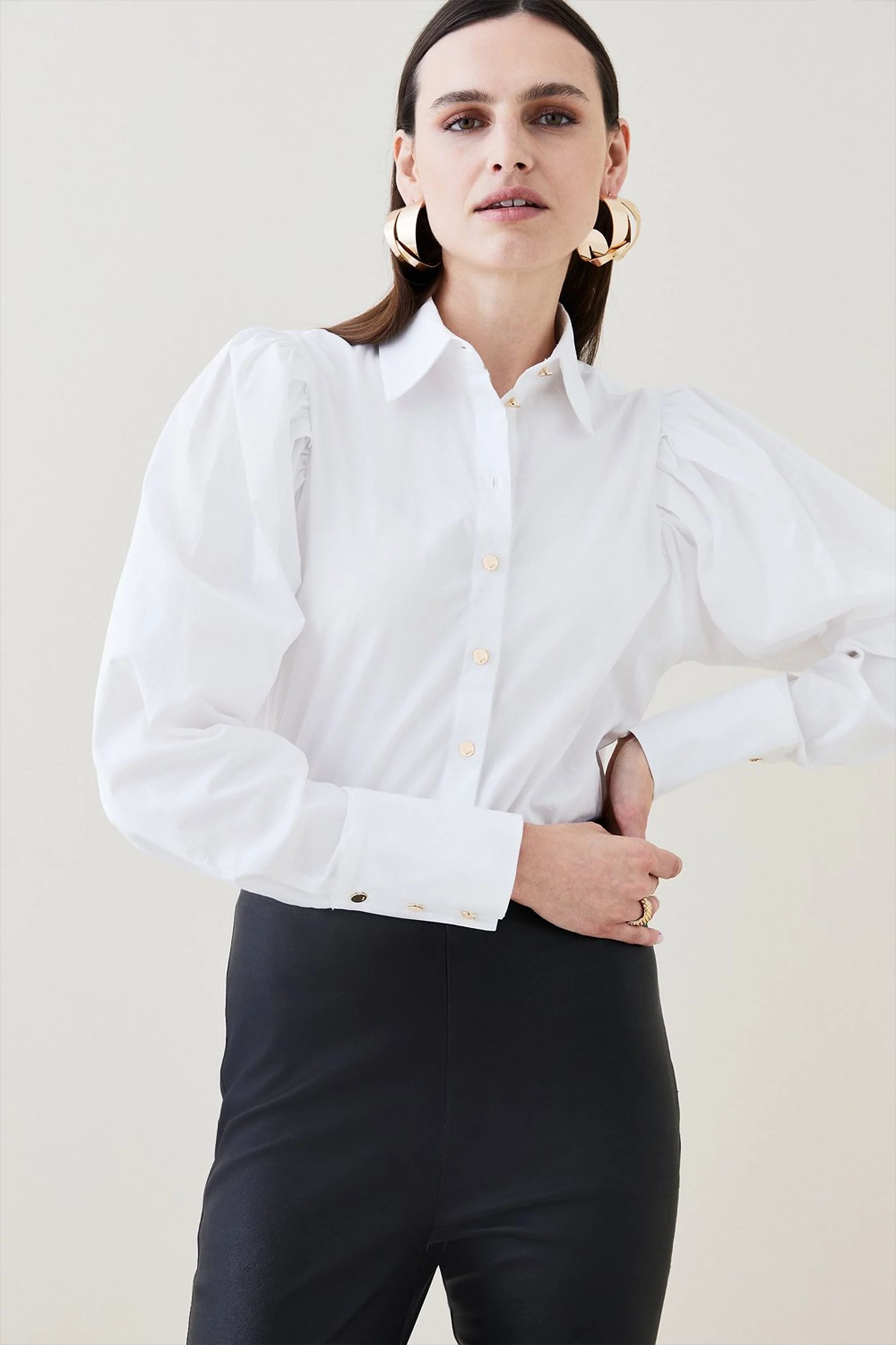 Poplin Pleat Drama Sleeve Woven Shirt | Karen Millen UK + IE + DE + NL