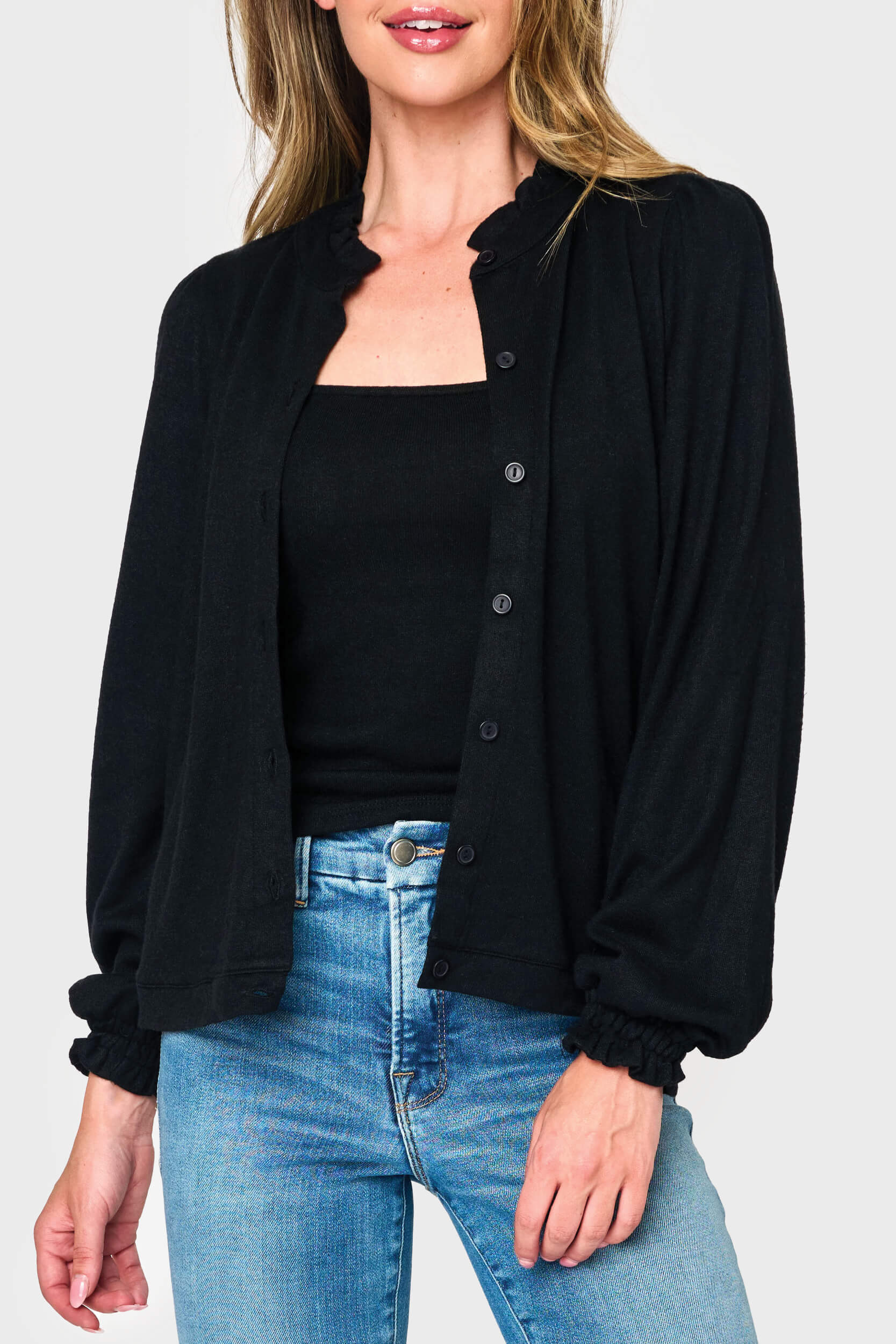 Feminine Mock Neck Luxe Cardigan | Gibson