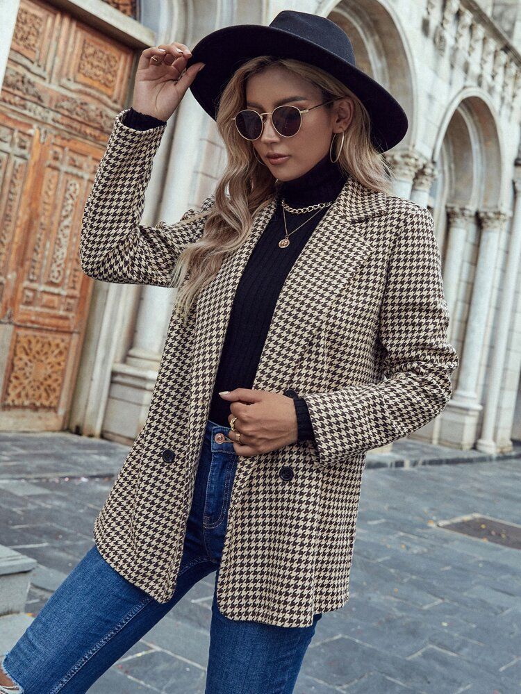Houndstooth Double Breasted Tweed Overcoat | SHEIN