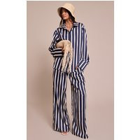 Navy Satin Pinstripe Wide Leg Pants | PrettyLittleThing US