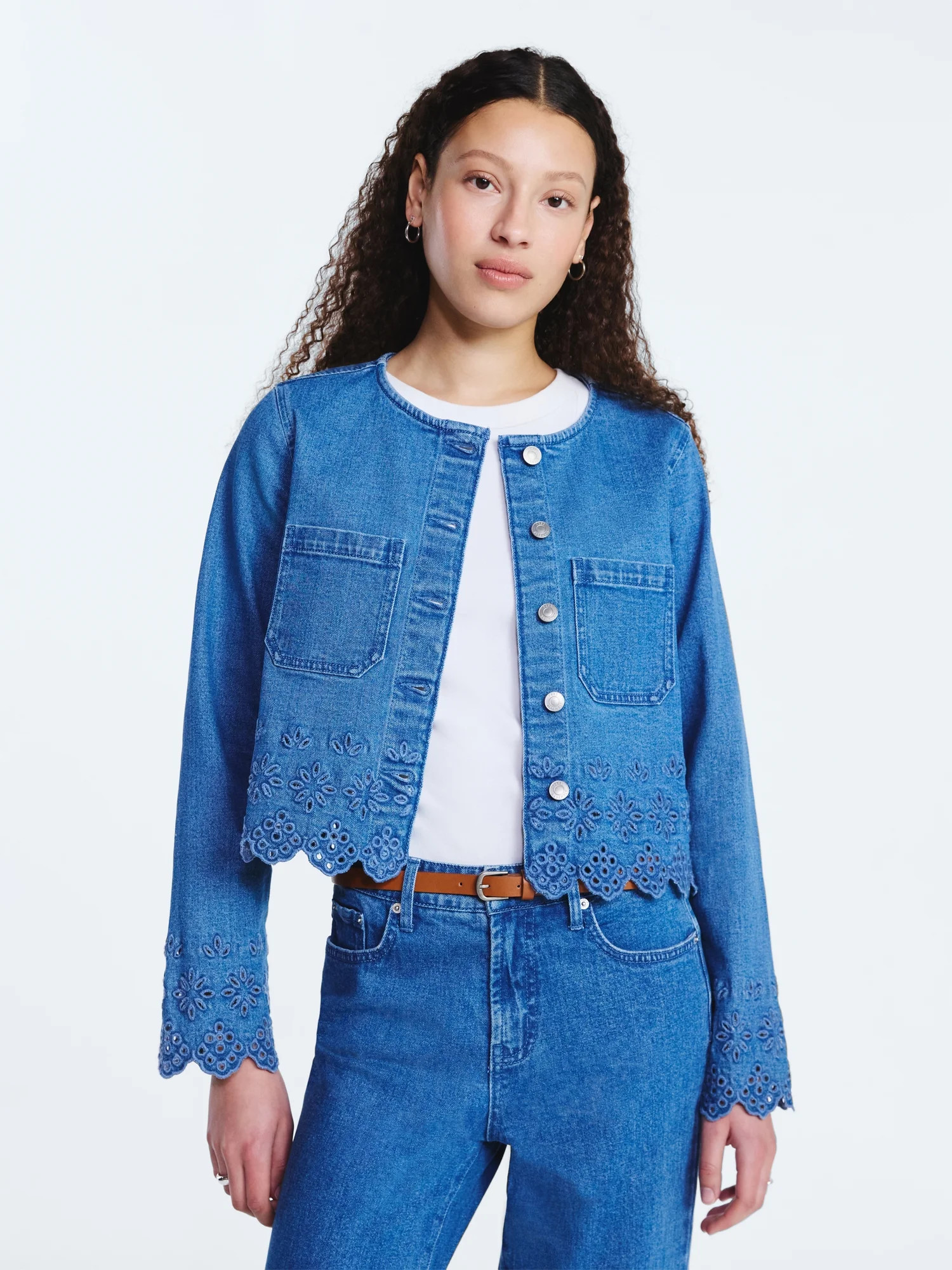 Free Assembly Women's and Women's Plus Embroidered Eyelet Denim Jacket, Sizes XS-4X | Walmart (US)
