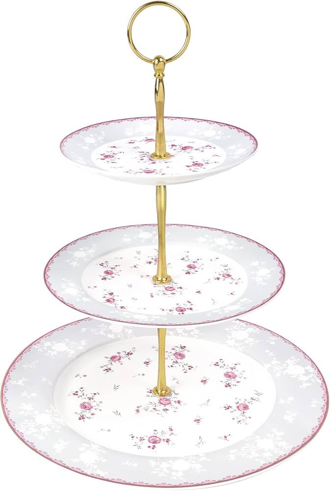 fanquare Pink Rose 3 Tier Porcelain Cupcake Stand, Floral Round Fruit Display Stand, Dessert Towe... | Amazon (US)