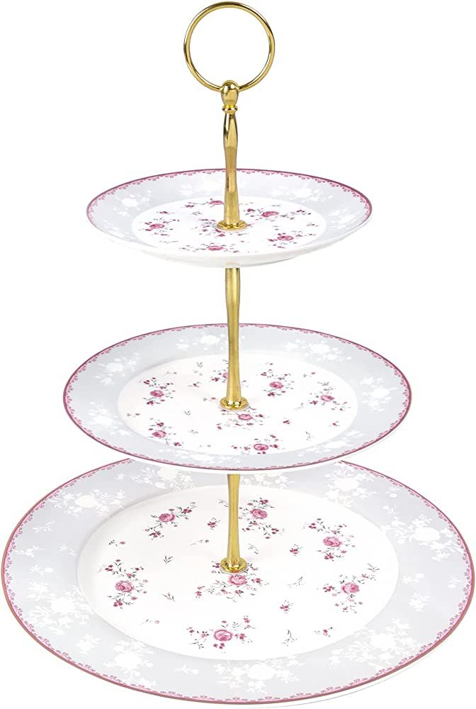 fanquare Pink Rose 3 Tier Porcelain Cupcake Stand, Floral Round Fruit Display Stand, Dessert Towe... | Amazon (US)