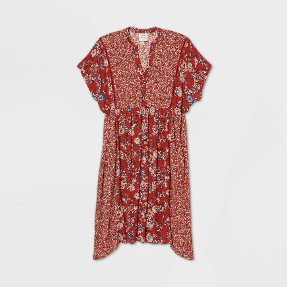 Women's Floral Print Kimono Short Sleeve Dress - Knox Rose Rust XXL, Red | Target
