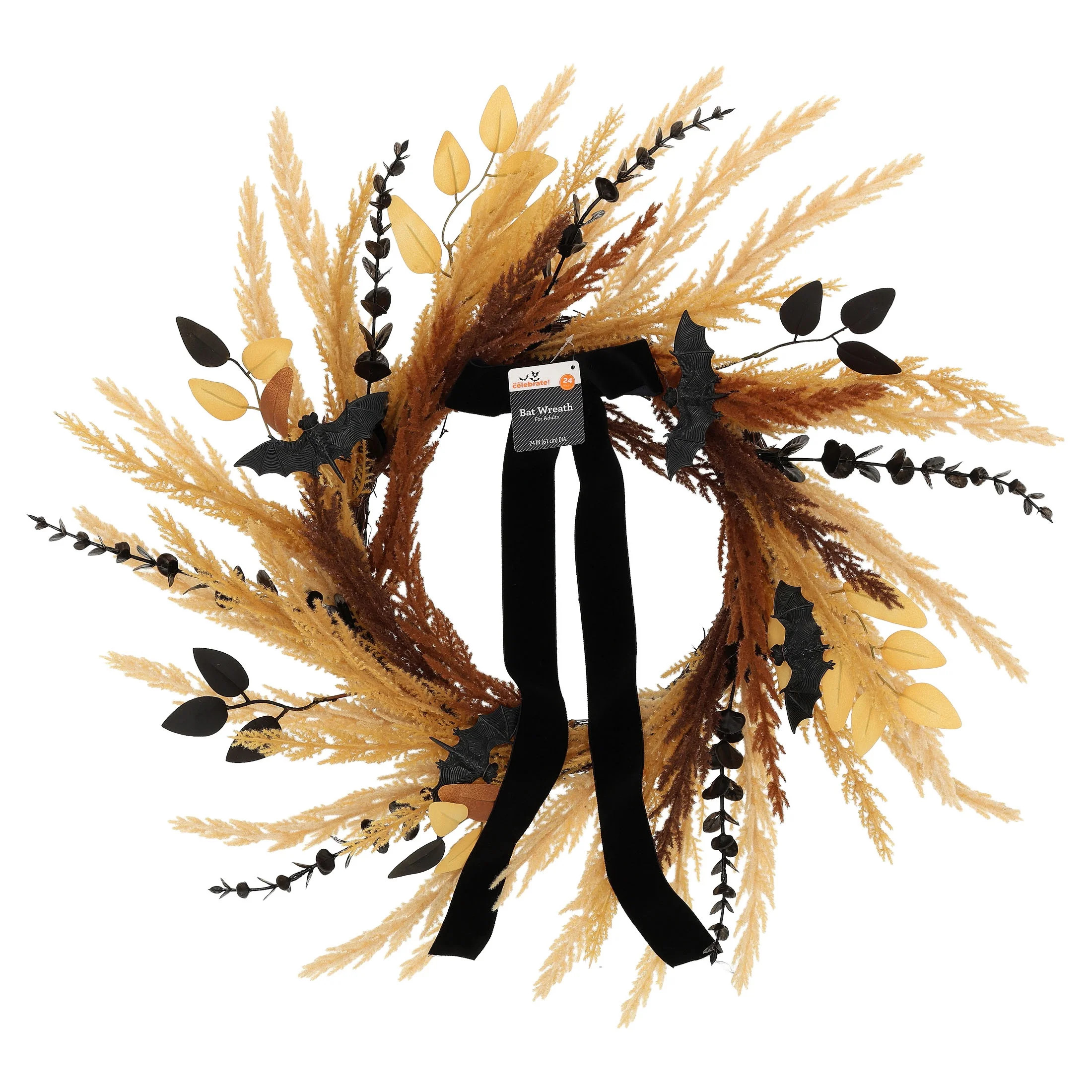 Wheat with Bats Wreath, Yellow and Black, 24", Halloween by Way To Celebrate | Walmart (US)