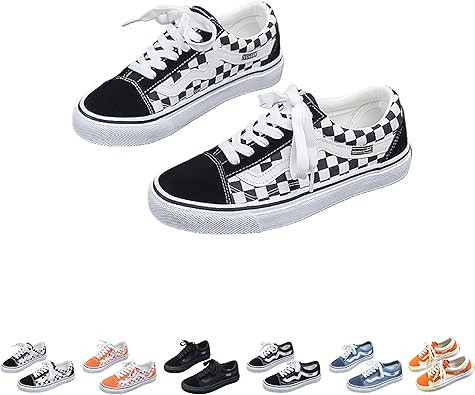 Women's Y2K Fashion Canvas Sneakers -Checkered/Stripe Color-Block Upper-Round Toe-Lace-Up- Breath... | Amazon (US)