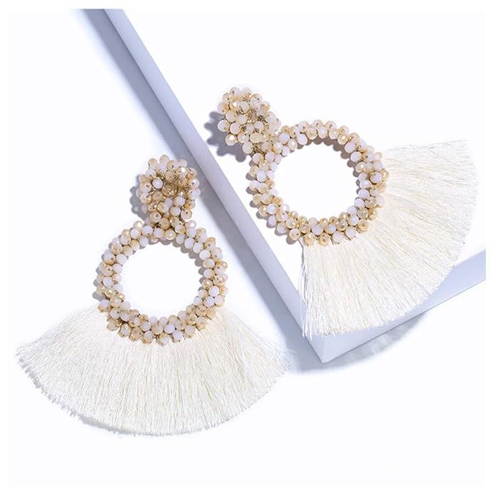 Dvacaman Hoop Tassel Earrings for Women - Statement Handmade Beaded Fringe Dangle Earrings, Idea ... | Amazon (US)