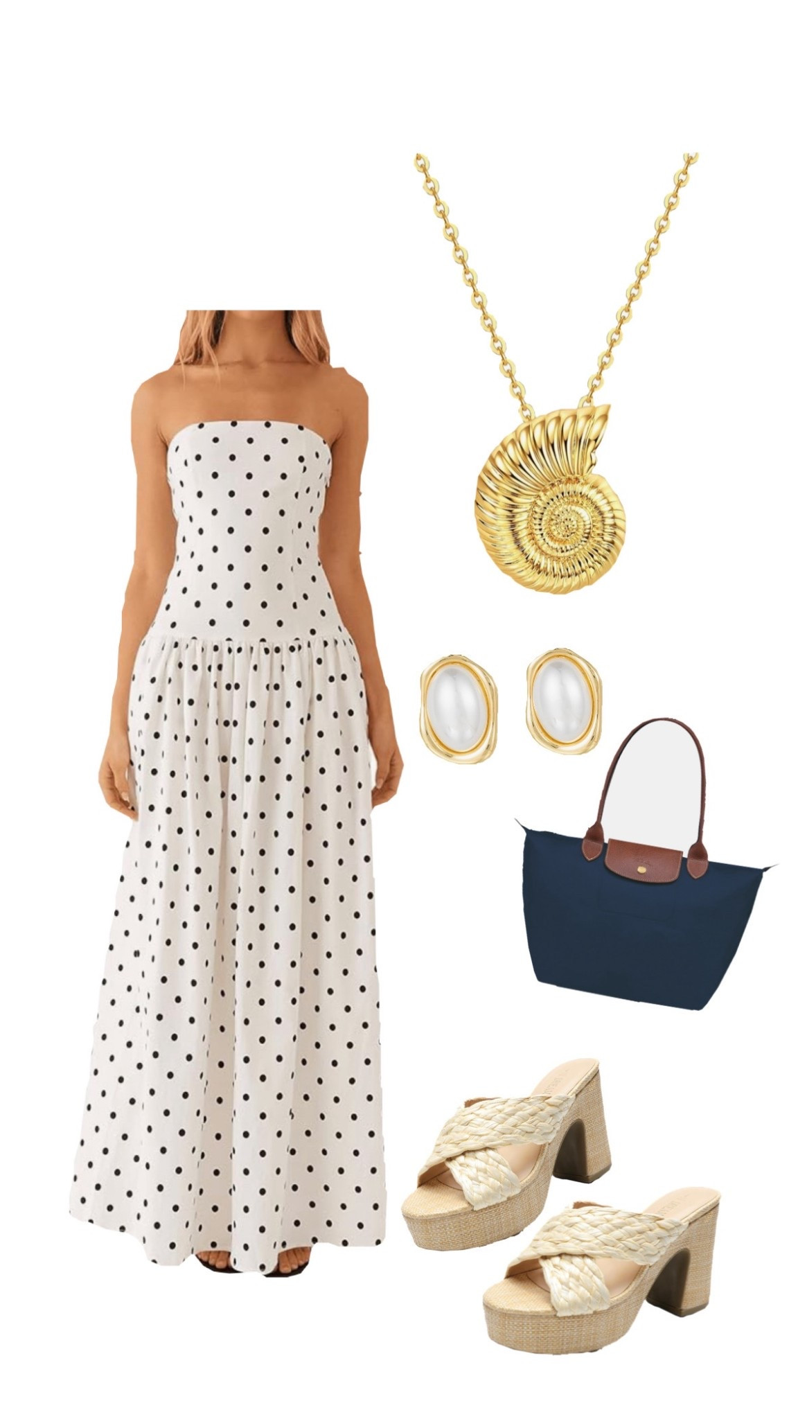 beach outfit, concert outfit, day out outfit, maxi dress, polka dots, game day inspo, cute outfit inspo, dresses, beach, shell necklace, amazon outfits, pearl earrings, sandals, wedges #outfitinspo #maxidresses