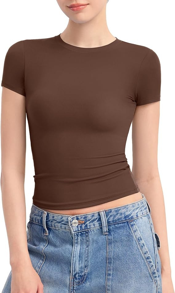 PUMIEY Women's Crew Neck Short Sleeve Tops Double Lined Slim Fit T Shirts Basic Tee Smoke Cloud P... | Amazon (US)