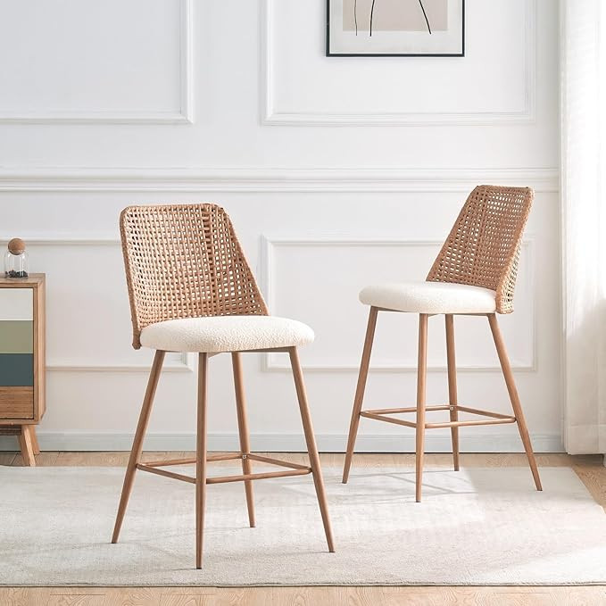 Rattan Counter Height Stools Set of 2, 26'' Boucle Fabric Bar Stools, Mid Century Cantilevered De... | Amazon (US)
