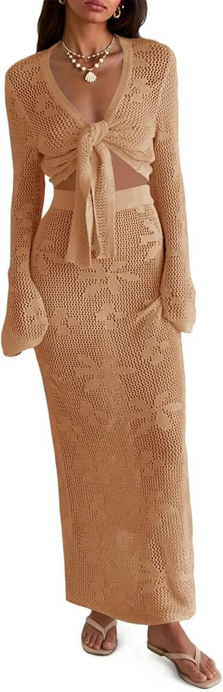 Saodimallsu Womens Crochet Swim Cover Up 2 Piece V Neck Long Sleeve Wrap Tie Crop Tops Beach Boho... | Amazon (US)