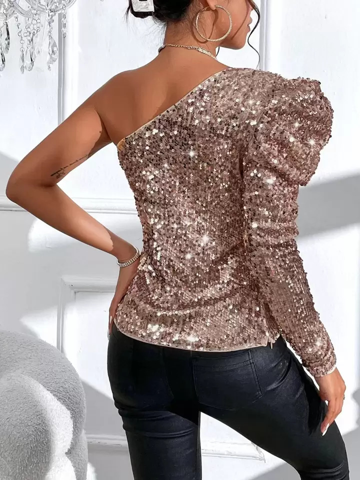 SHEIN BAE One Shoulder Gigot Sleeve Sequin Blouse | SHEIN