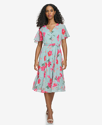 Calvin Klein Women's Printed Flutter-Sleeve Button-Front Dress - Macy's | Macy's