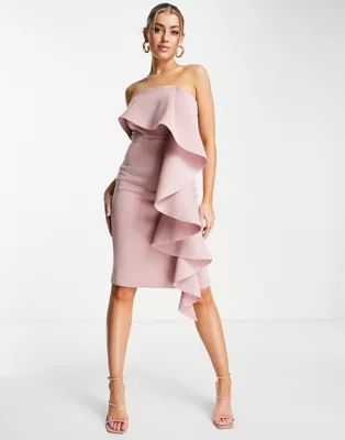Lavish Alice one shoulder bardot frill scuba midi dress in dusty pink | ASOS (Global)