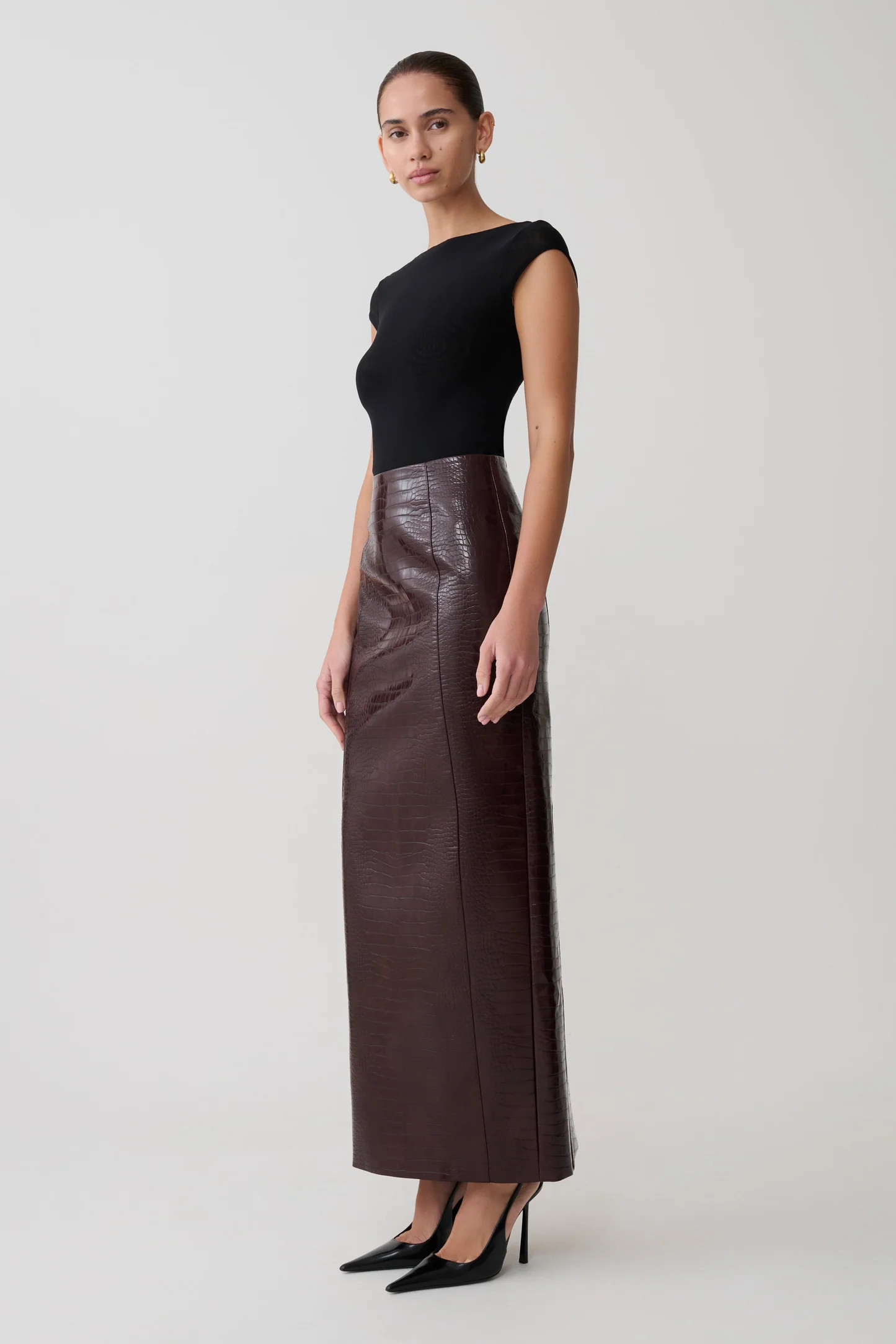 Croc Faux Leather Midi Skirt - Merlot | MESHKI US