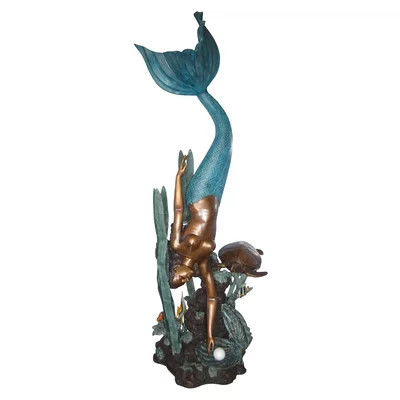 Mermaid Diving for a Pearl Fountain Statue - Bronze Ocean Sculpture, Garden Decor, 34"Lx 27"W x 93"H | Wayfair North America