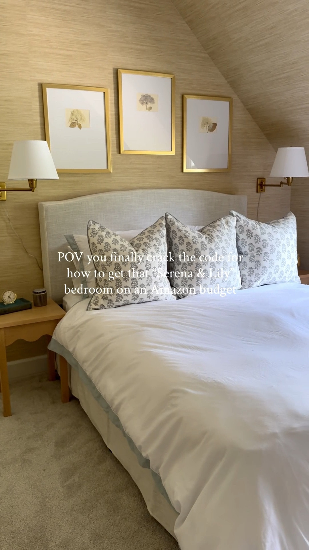 Bed is BACK IN STOCK! Serena and Lily inspired bedroom design on an Amazon budget. Linked everything exact from the Wallpaper to the upholstered bedframe that comes skirted to this fabulously soft duvet set that looks straight out of the S&L catalog. Love these Plug-in sconces. No hard wiring required.