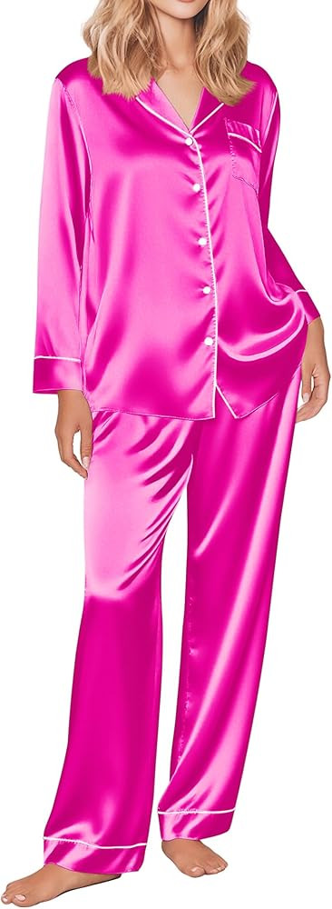 Ekouaer Women's Classic Button Down Long Satin Silk Pajama Set | Amazon (US)