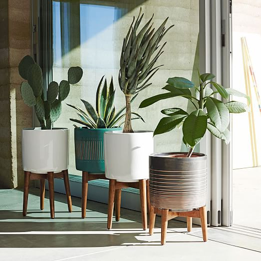 Mid-Century Turned Leg Standing Planters - Solid | West Elm (US)