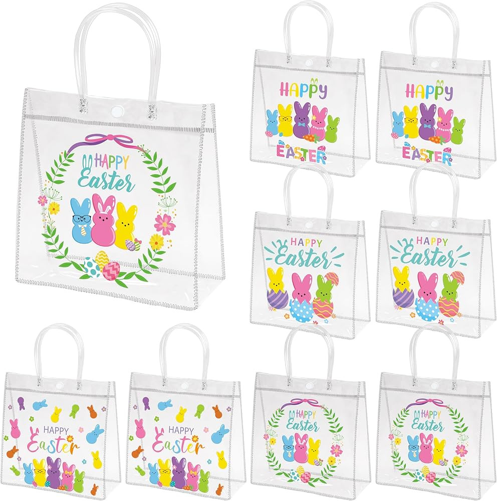 H1vojoxo Happy Easter Gift Bags - 24PCS Colorful Bunny Eggs Clear PVC Tote Bags with Handle Print... | Amazon (US)