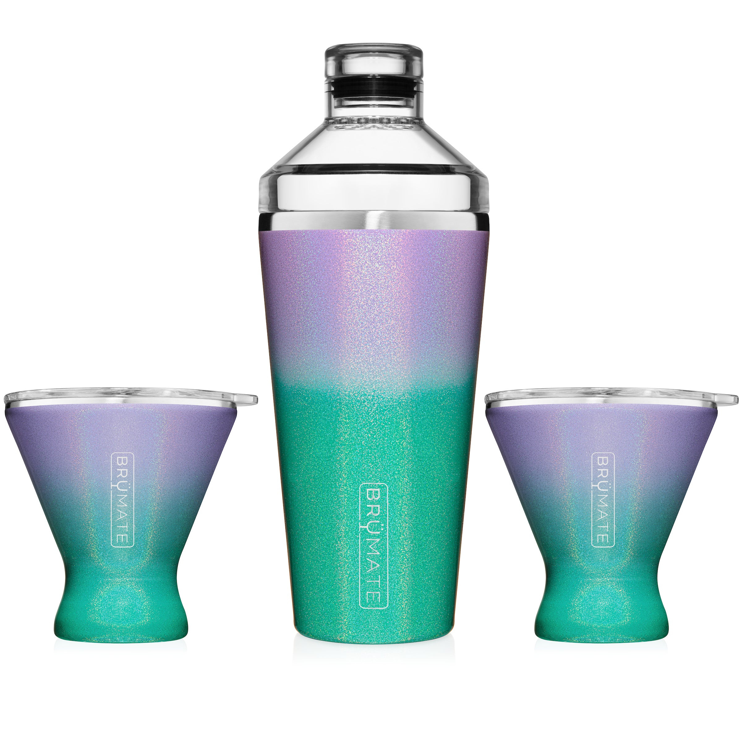 Cocktail Shaker + 2 MargTini 10oz Tumblers/Lids | Glitter Mermaid | BruMate