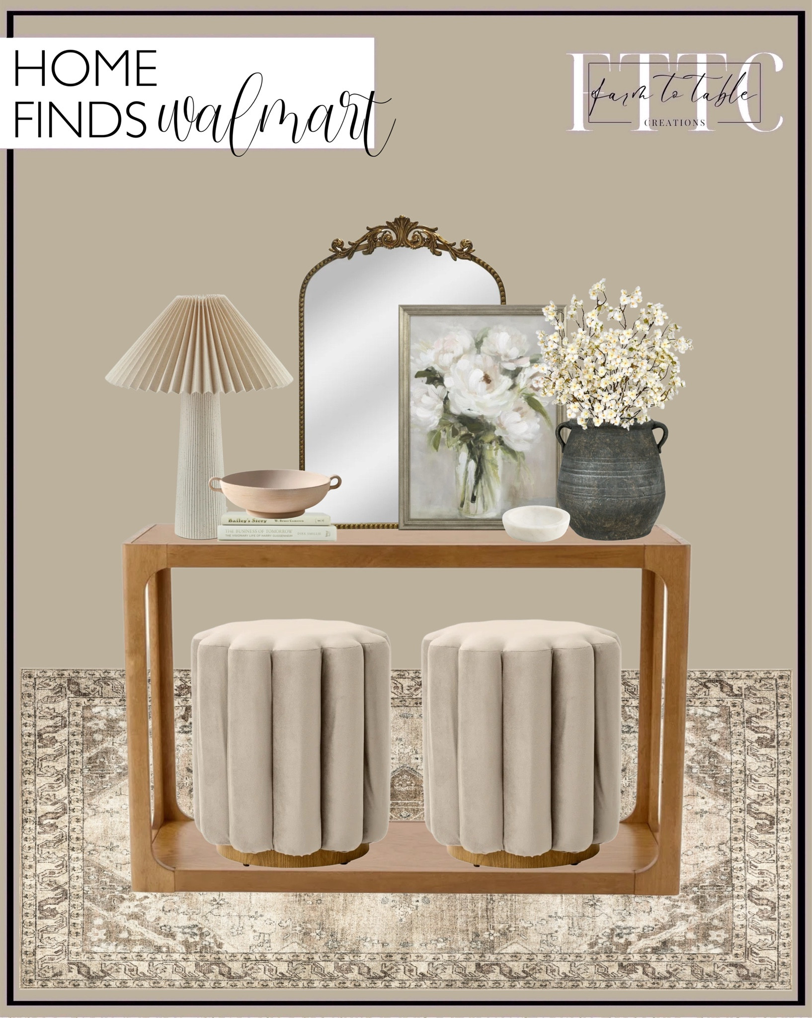 Walmart Home Finds. Follow @farmtotablecreations on Instagram for more inspiration.

My Texas House Haven Console Table. My Texas House Peachy Rose Bouquet Framed Art. Filigree Arched Wall Mirror. Area Rug. Ivory pleated shade ribbed ceramic table lamp. Better Homes & Gardens 9.75" Ceramic Low Stone Distressed Bowl, Taupe. Creative Co-Op Whitewashed Terra-cotta Urn, Grey. Creative Co-Op Stoneware Match Holder with Striker Plate and Reactive Glaze, Grey. Better Homes & Gardens Lillian Velvet Tufted Ottoman, Beige. Decorative Books. Cherry Blossoms. Marble Trinket Dish. 

Entryway Decor | Dining Room | Dining Room Artwork | Bathroom Finds | Bedroom Finds | Bedroom Furniture | nightstands | Home Decor| Fireplace Decor | Spring Refresh |  Bedroom Finds | Neutral Stems | Spring Stems | Bookshelf Decor | Bedroom Space | Cozy Corner | Bathroom | Curated Entryway | Spring  Decor | End of Year Clearance | Trending Decor | Viral Decor  | Coffee Table Decor | Neutral Decor | Fall Stem Sale | Target Finds | Skinny Bench | Bedroom | Living Room | Breakfast Nook | Amazon Home | Target Sale | Loloi Rugs | Magnolia Home | console table | console table styling | faux stems | entryway space | front porch decor | neutral decor | entryway decor | cozy home | affordable decor |  home decor | home inspiration | console styling | entryway rug | cozy moody home | moody home decor | neutral home | bathroom decor | living room | spring decor | Hearth & Hand | Studio McGee | 2025 Home Trends | trending home | Crate&Barrel 




#LTKHome #LTKFindsUnder50 #LTKSaleAlert