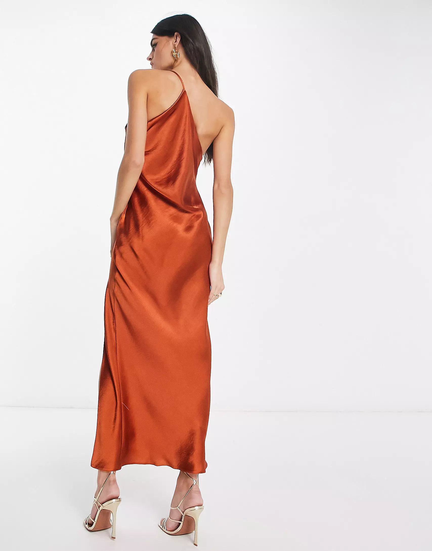ASOS DESIGN Satin one shoulder midaxi dress in satin with drape back in rust | ASOS (Global)