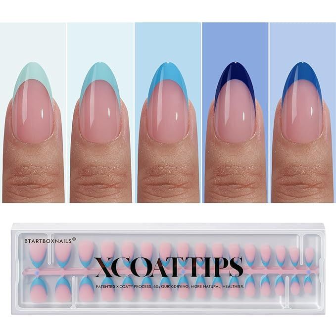 BTArtboxnails XCOATTIPS French Tip Press On Nails - Blue Press On Nails Short, Almond Fake Nail T... | Amazon (US)