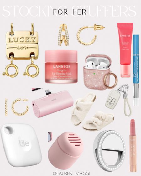 Stocking stuffers for her that will arrive in time! Magnetic layering necklace, Laneige lip gloss balm, key fob cover, selfie ring light, Tarte lip gloss, portable charger, tile tracker, hoop earrings, gold earrings, diamond cleaner, jewelry cleaner, AirPod case, fuzzy slippers, stocking stuffers, gift guide for her  

#LTKHoliday #LTKGiftGuide #LTKFind