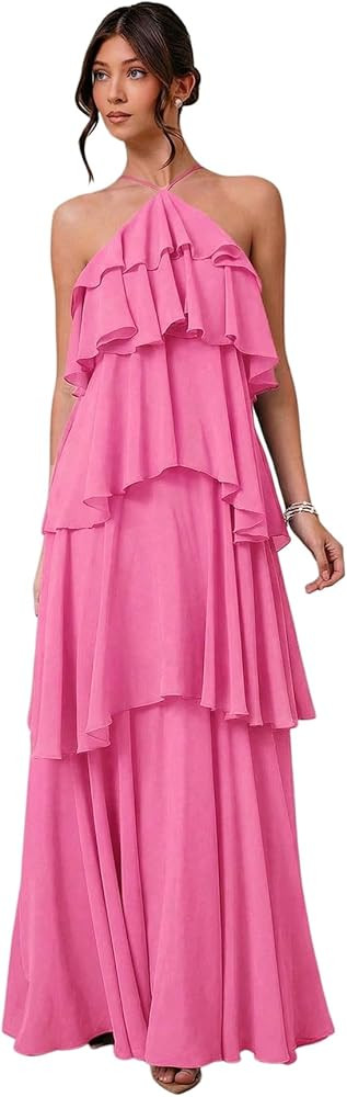 SOLY HUX Women's Sundresses Ruffle Layered Halter Flowy Maxi Dress Elegant Wedding Guest Dresses | Amazon (US)