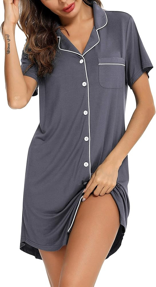 Anjue Nightgowns for Women Long/Short Sleeve Nightshirt V-Neck Sleepwear Boyfriend Sleepshirt Pajama | Amazon (US)