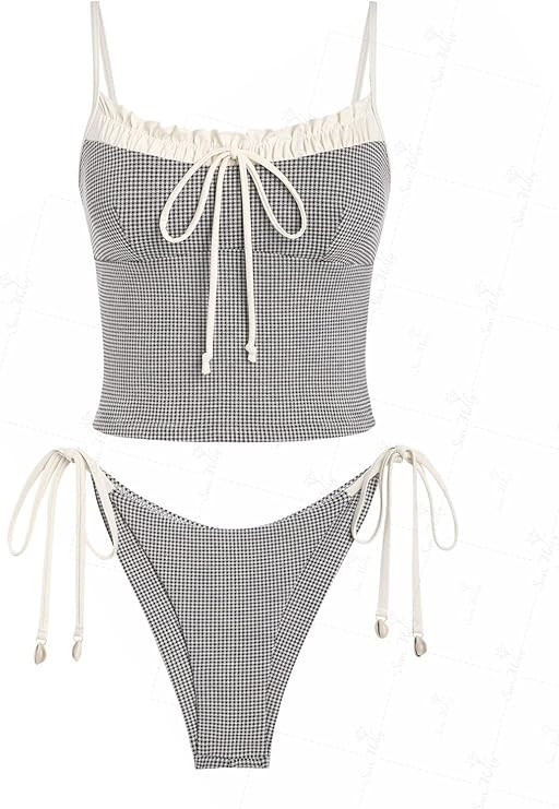 seamoly Gingham Cinched Back Bow Decor Tie Side Tankini Set | Amazon (US)