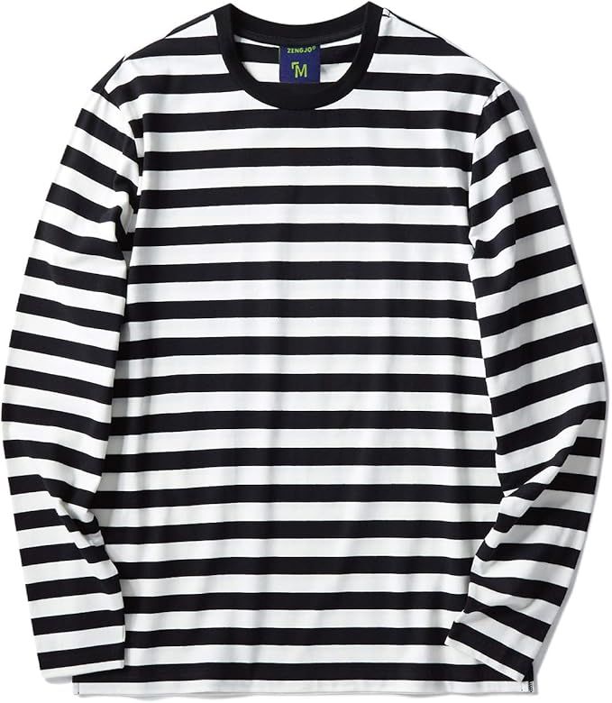 Zengjo Men's Casual Cotton Spandex Striped Crewneck Long-Sleeve T-Shirt Basic Pullover Stripe tee... | Amazon (US)