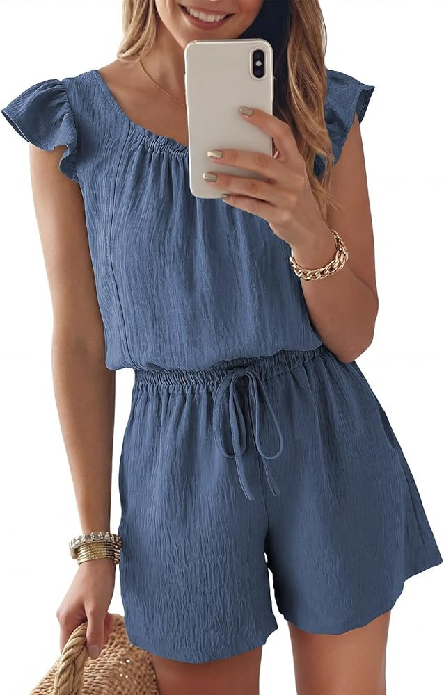 Dokotoo Rompers for Women 2026 Summer Ruffle Sleeves Square Neck Drawstring Casual Jumpsuits with... | Amazon (US)