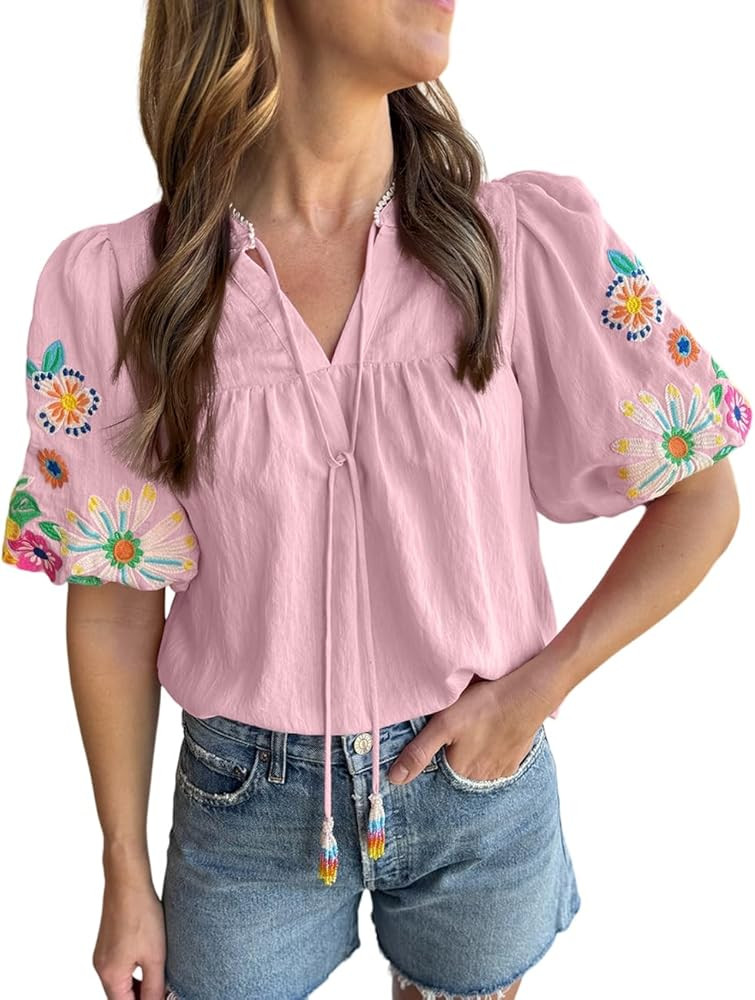 Women's Casual Floral Embroidered V Neck Boho Puff Short Sleeve Shirts Loose Tunic Summer Blouses... | Amazon (US)