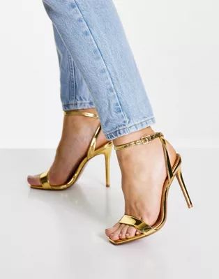 ASOS DESIGN Neva barely there heeled sandals in gold | ASOS | ASOS (Global)