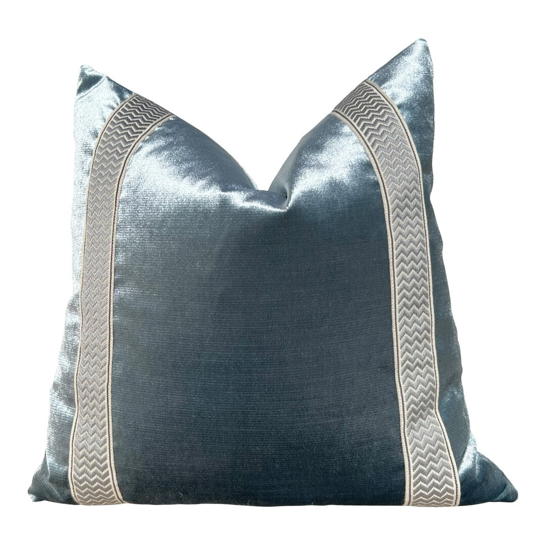 Designer Velvet Pillow in Luminous Mist, Chevron Trim. High End Pillows, Velvet Lumbar Pillow Cov... | Etsy (US)