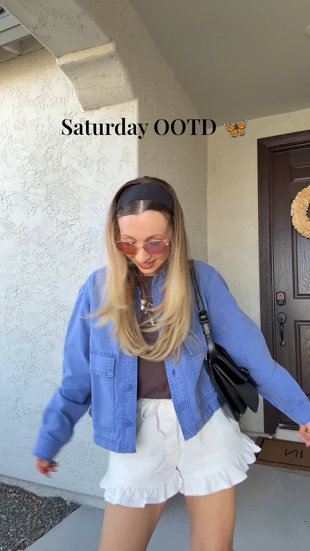 Saturday ootd! This cropped chore jacket is so good I think I need it in beige too! Wearing size xs cropped chore jacket haven’t in blue, size xs lime blend ruffle shorts, size 5 black weather boots (Frye look a like $55), size xs ex boyfriend t shirt, my headband, rose colored sunglasses and charm necklace to accessorize 

Lots of sales going on this weekend too! 

Aerie 
American Eagle
Target 
Western boots 
Fall outfits 

#LTKStyleTip #LTKPetite #LTKSaleAlert